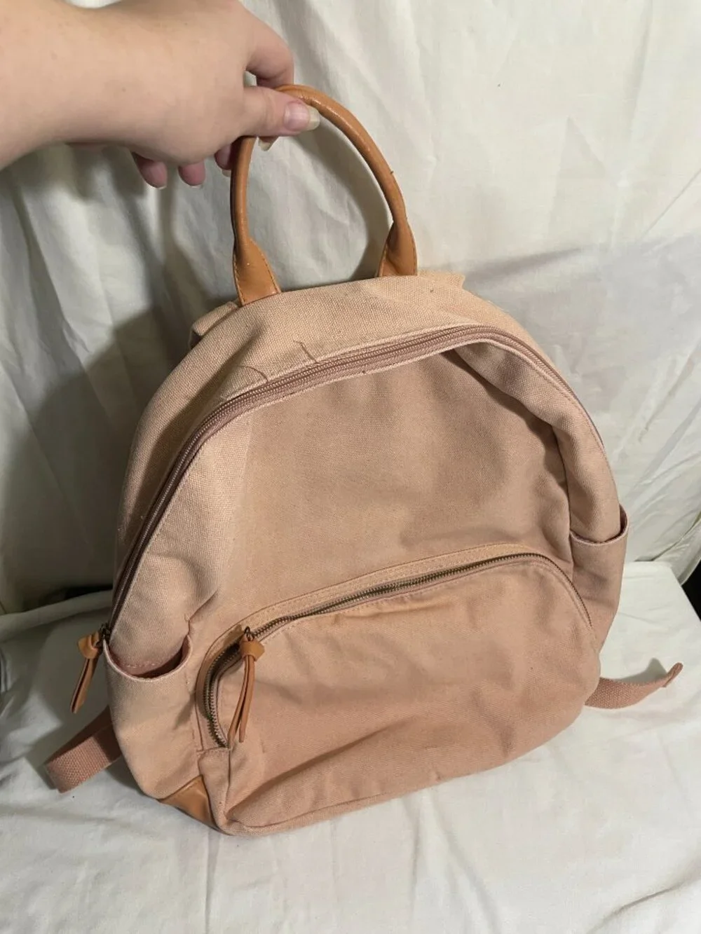Universal Thread Pink Canvas Backpack Tan Faux Leather Trim 16” School Travel